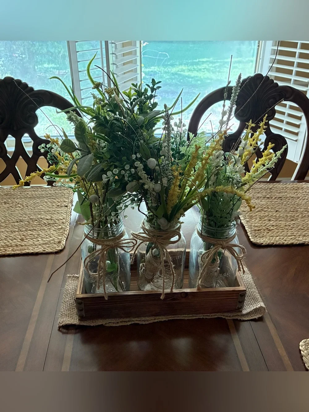 Rustic Glass Jar Faux Floral Centerpiece - Green and Yellow